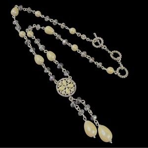 Vintage Monet Faux Pearl & Crystal Bead Silver-Tone Tassel Pendant Necklace